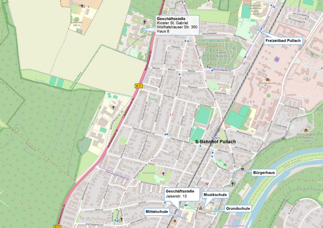Eine openstreetmap-Karte mit den Geschäftsstellen und Kursorte in Pullach