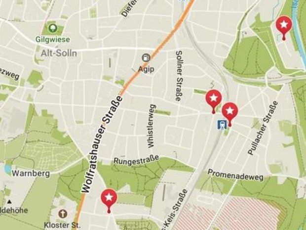 Ein Kartenausschnitt  aus Pullach mit den Markierungen der Aufsteller